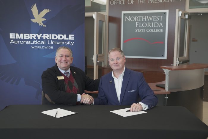 Embry-Riddle Aeronautical University Associate Director – U.S. Campus Operations Mr. Ron Garriga (left) and NWFSC President Dr. Devin Stephenson (right) recently signed a partnership agreement streamlining the transfer process for students.