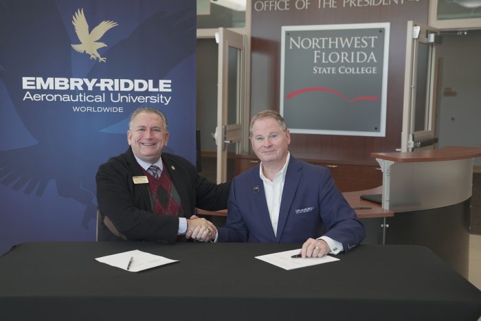 Embry-Riddle Aeronautical University Associate Director – U.S. Campus Operations Mr. Ron Garriga (left) and NWFSC President Dr. Devin Stephenson  (right) recently signed a partnership agreement streamlining the transfer process for students.